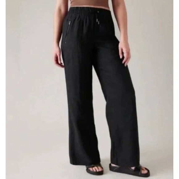 Athleta Pants - Athleta Cabo Wide Leg Black Linen Pants Drawstring Waist Zip Pockets Size 4